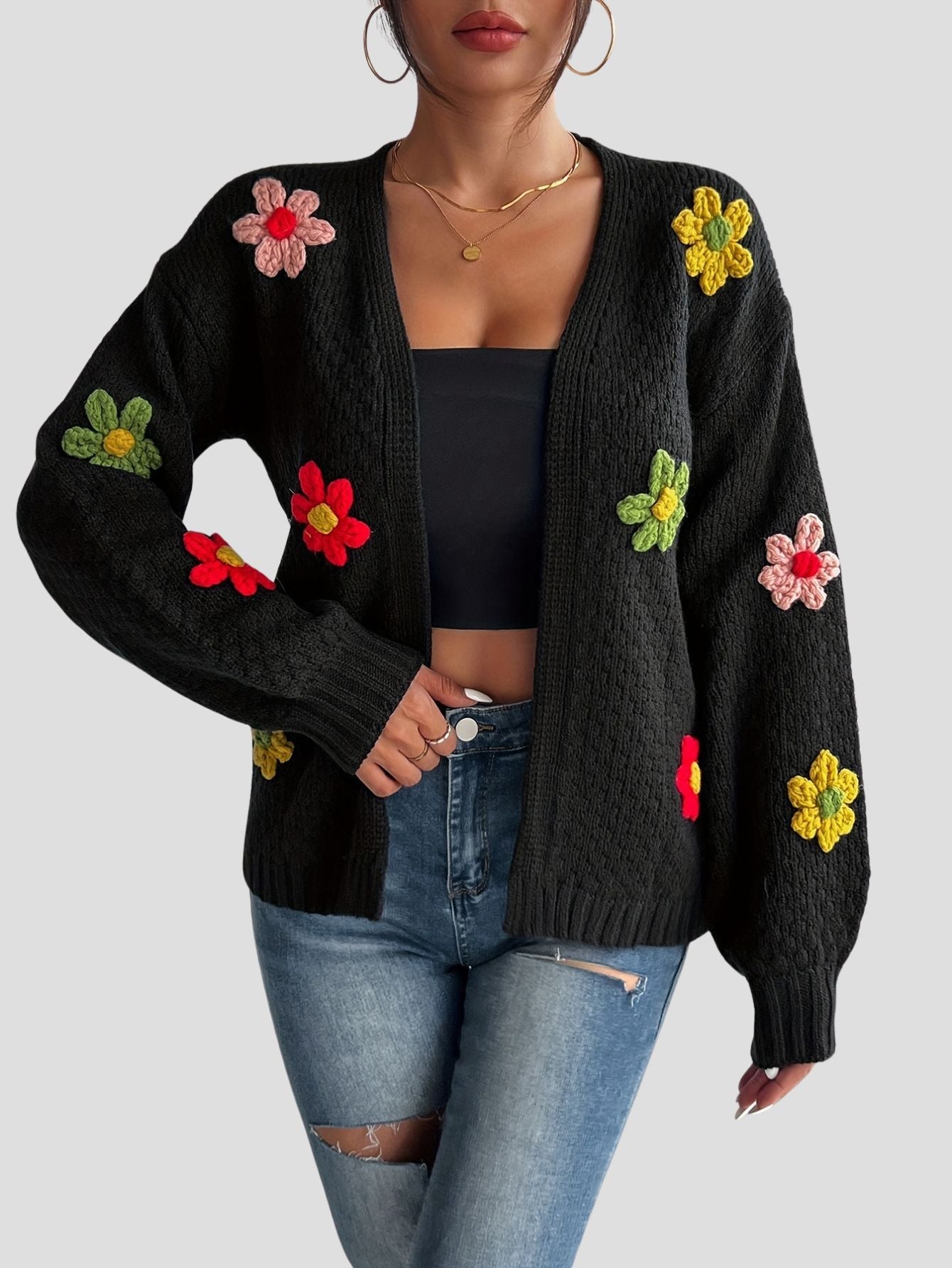 Knit Color Block Floral Cardigan Freya Fashion