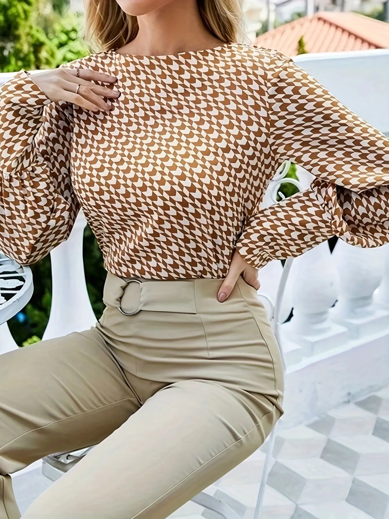 Women’s Houndstooth Print Puffed Sleeve Blouse Freya Fashion