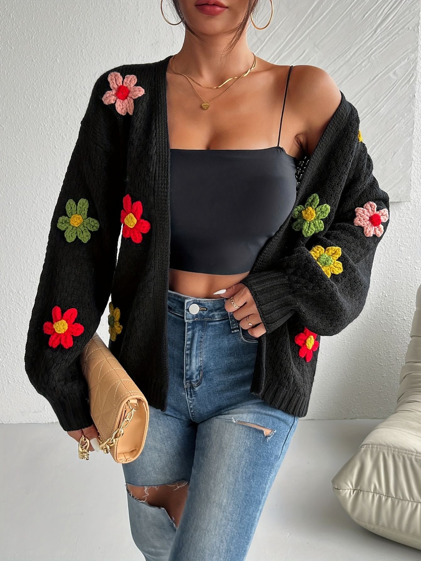 Knit Color Block Floral Cardigan Freya Fashion