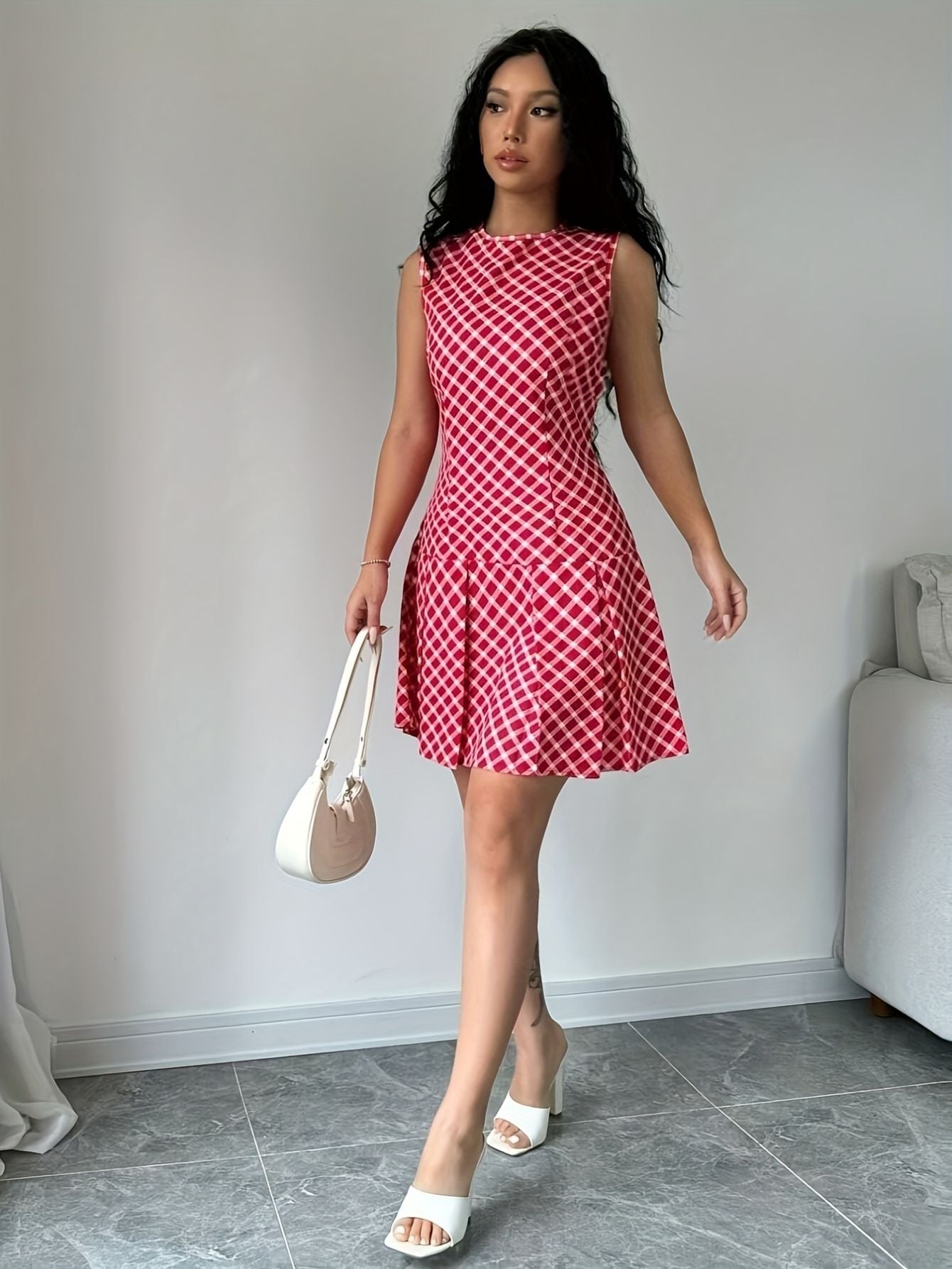 Women’s Sleeveless Gingham Mini Dress Freya Fashion