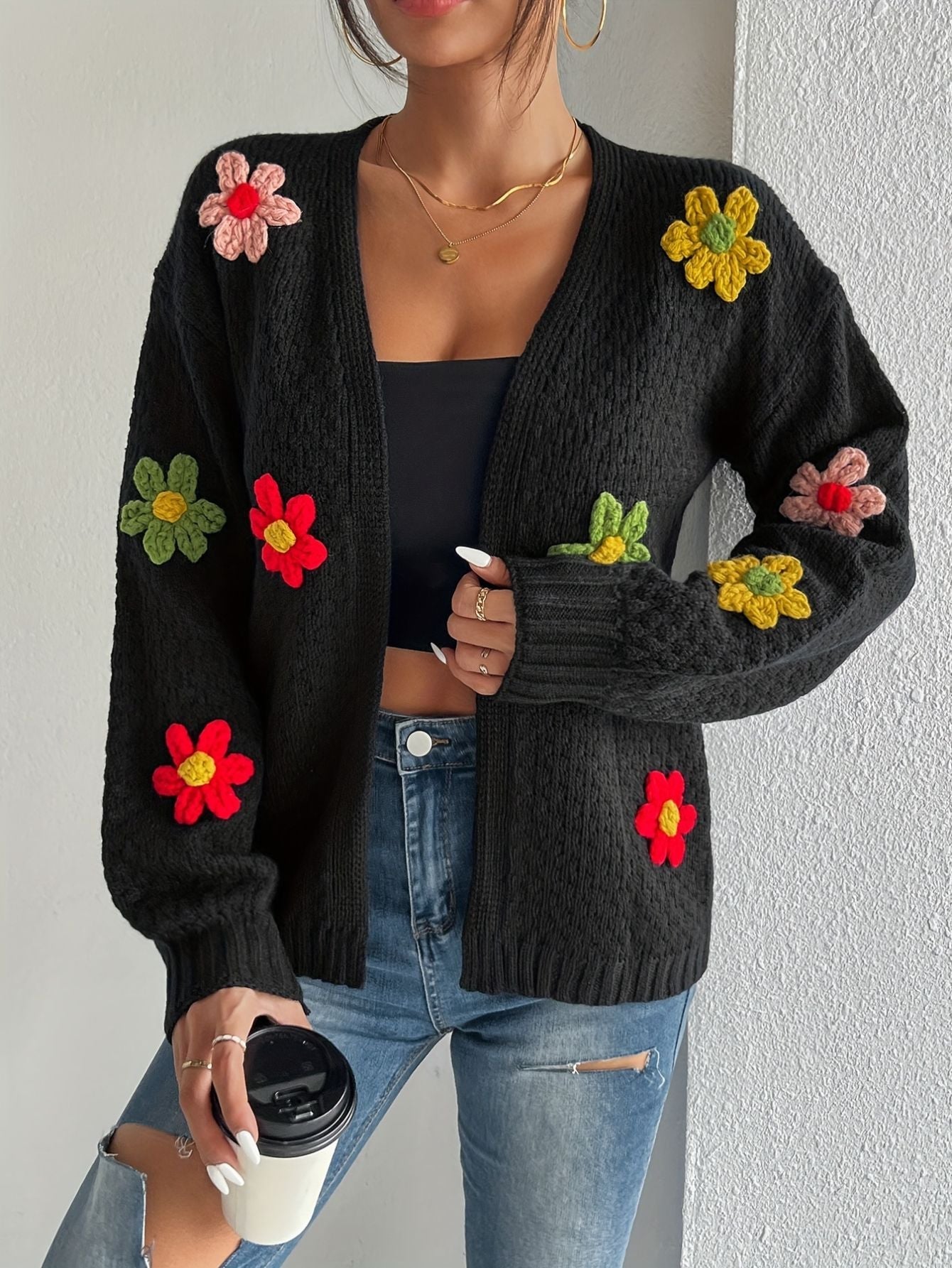 Knit Color Block Floral Cardigan Freya Fashion