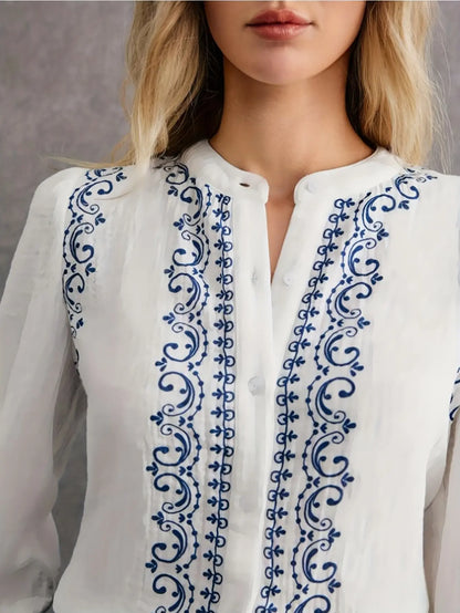 White Blouse with Blue Floral Print Freya Fashion